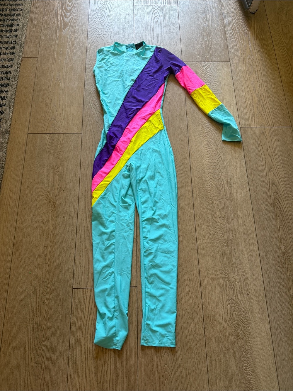 Kids Aqua Multi-Color Diagonal Stripe One-Piece 80’s costume